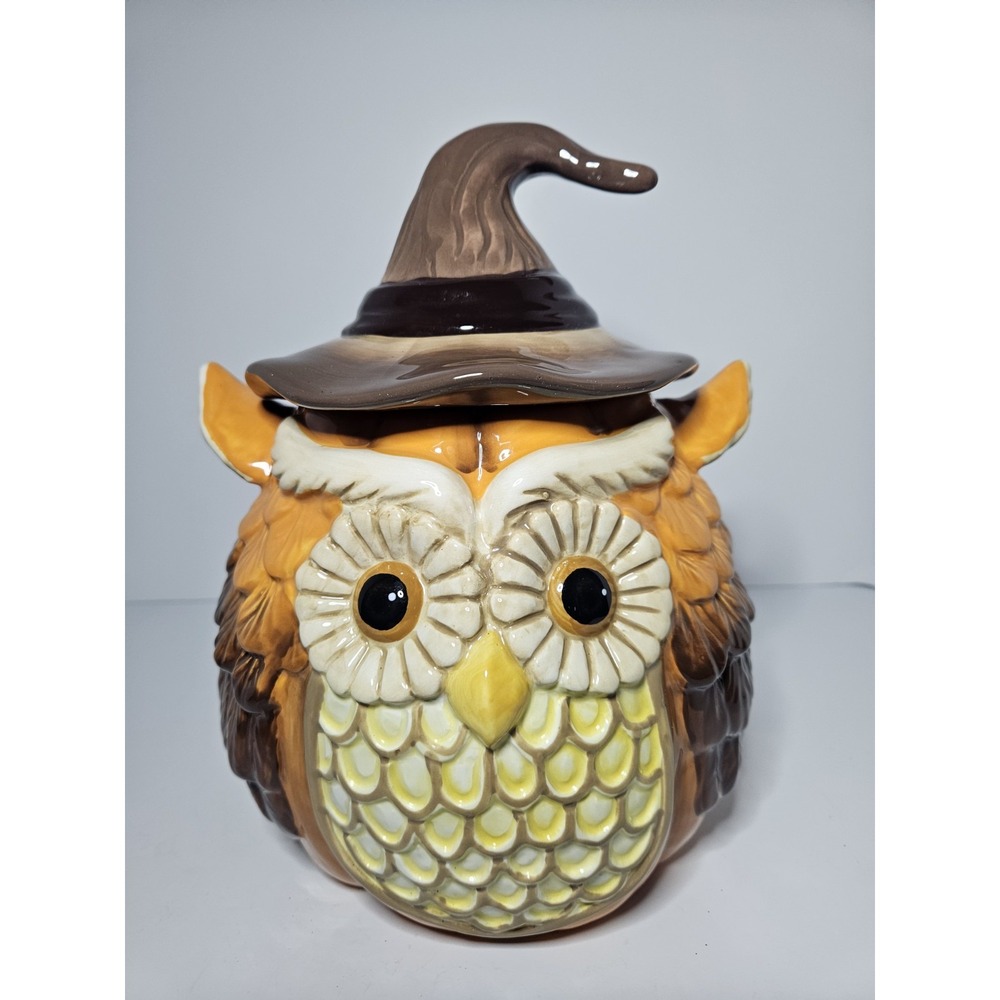 Cracker Barrel Halloween Harvest Owl Ceramic Cookie Jar Witch Hat Spooky Fall